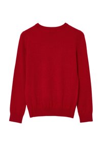 Roter Pullover mit langen Ärmeln, rundem Halsausschnitt und geripptem Saum. Hergestellt aus weichem Strickmaterial, zeichnet sich durch eine glatte Textur und keine sichtbaren Muster aus.