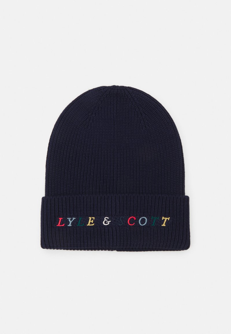 Tengerész kék kötött sapka texturált bordás kialakítással és felhajtott széllel. A multiszínű hímzett szöveg a következő: "LYLE & SCOTT."