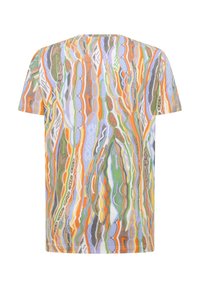 Multicolored t-shirt featuring an abstract pattern of orange, green, blue, and brown waves, short sleeves, and a crew neck design.