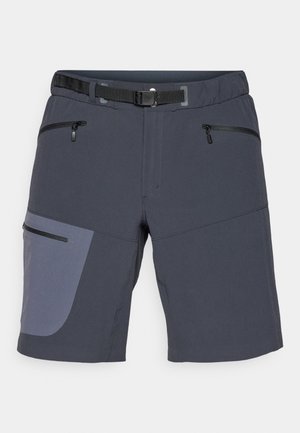 Shorts made of dark gray fabric with a contrasting light gray side panel. Features two zippered front pockets and a belt.