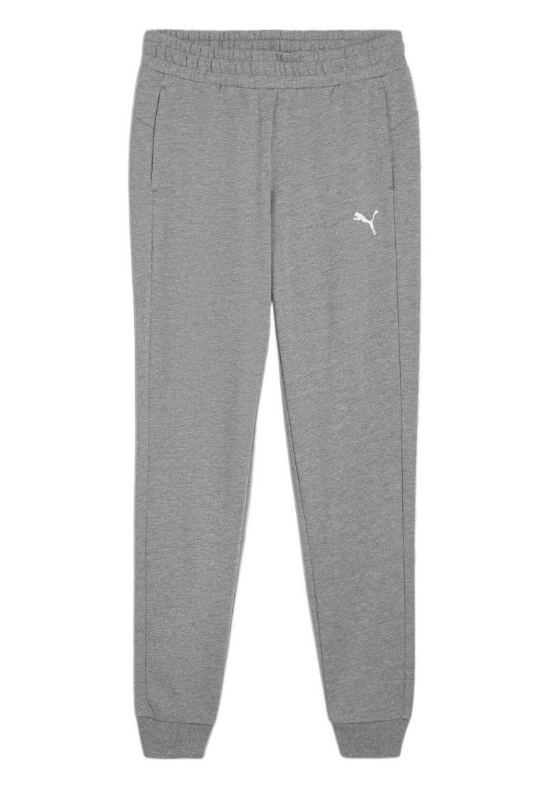 Grau Sweatpants aus weichem Stoff, mit elastischem Bund, Seitentaschen und einem weißen Puma-Logo auf dem linken Oberschenkel.