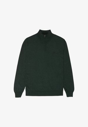 Dunkelgrüner Pullover mit langen Ärmeln, halbem Reißverschluss am Kragen, gerippten Bündchen und Saum, flach auf weißem Hintergrund liegend.