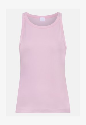 Lichtroze mouwloos tanktop met een ronde halslijn, gladde stof en een aansluitende pasvorm.