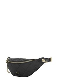 Czarna, pikowana nerka z materiału syntetycznego. Posiada złoty zamek błyskawiczny i detal w postaci łańcuszka, odczepiany pasek oraz naszywkę z logo.