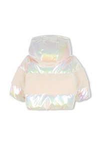 Giacca a vento iridescente con un pannello in pile bianco. Presenta un cappuccio, un design voluminoso e una texture lucida. La vista posteriore mette in evidenza l'imbottitura accogliente.