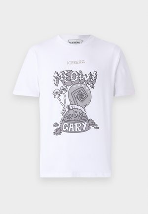 Valge puuvillane T-särk, millel on hall graafiline kujundus limust koos tekstiga "MEOW!" ja alapoole kirjutatud "GARY", illustreerides joonistusstiilis elemente.