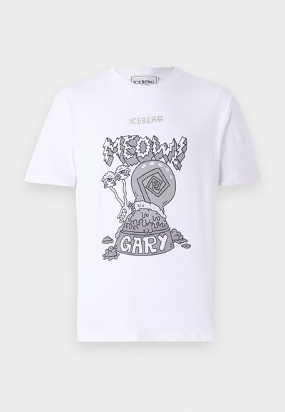 Hvid bomulds t-shirt med et gråt grafisk design af en snegl med teksten "MEOW!" og "GARY" nedenunder, der illustrerer tegneserie-lignende elementer.