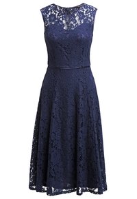Navy blue lace dress with a fitted bodice, sleeveless design, and flared skirt. Features floral lace pattern and waistband detail.