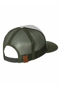 Groene en witte honkbalpet met een gaasachterkant, gebogen klep en een bruine leren accentlabel. Voorzien van een verstelbare snapback sluiting.