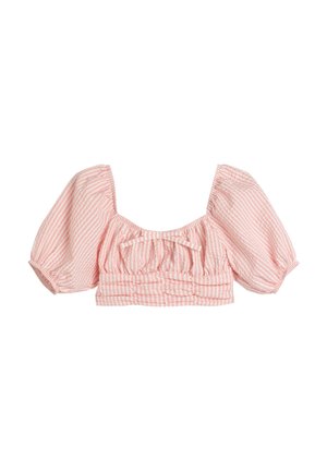 Top court rayé rose et blanc avec des manches bouffantes, présentant un décolleté carré et des détails froncés le long du bustier.