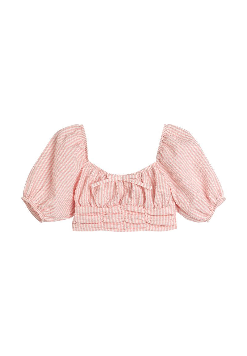 Lyserød og hvid stribet cropped top med pufærmer, der har en kvadratisk udskæring og samlet detaljering langs bodice.