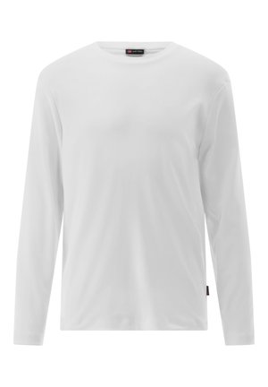 Weißes Langarm-T-Shirt mit rundem Ausschnitt, aus glattem Stoff gefertigt. Verfügt über ein kleines Markenlabel auf der unteren linken Seite.