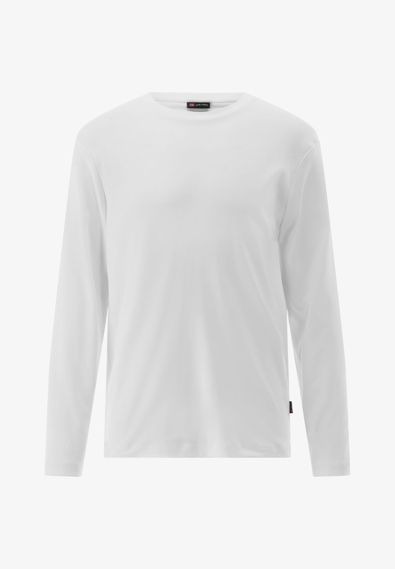 Weißes Langarm-T-Shirt mit rundem Ausschnitt, aus glattem Stoff gefertigt. Verfügt über ein kleines Markenlabel auf der unteren linken Seite.