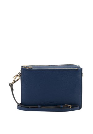 Sac bandoulière en cuir texturé bleu marine avec fermeture éclair dorée, sangle réglable et forme rectangulaire sur fond blanc.