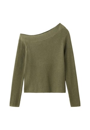 Pull en maille vert olive à manches longues avec un large col asymétrique et un motif texturé couvrant tout le vêtement.
