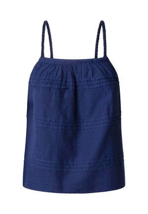 Temno modra brezrokavna majica iz teksturirane tkanine, z nabranim izrezom in tankimi pletenimi naramnicami. Ima vodoravne šive čez telo.