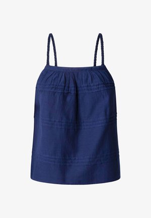 Temno modra brezrokavna majica iz teksturirane tkanine, z nabranim izrezom in tankimi pletenimi naramnicami. Ima vodoravne šive čez telo.