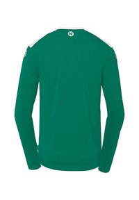 Camicia a maniche lunghe in tessuto verde vivace con accenti bianchi sulle spalle, texture morbida e orlo arrotondato. Logo visibile sul collo posteriore.