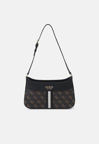 Black shoulder bag with a logo pattern, featuring a smooth finish, gold branding, and a contrasting white stripe. Adjustable strap.
