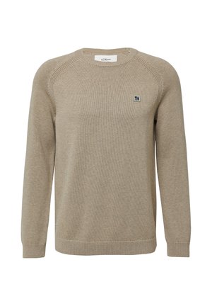 Beež crewneck pikas varrukas kudumisseelik ribatud mansettide ja äärtega, väike kaubamärgi logo kinnitus vasakul rinnal ja raglaan-särgi kujundus.