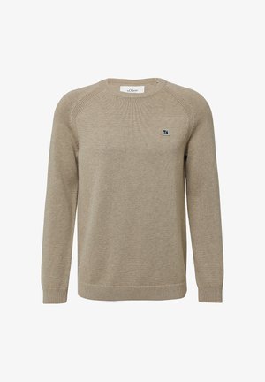 Beež crewneck pikas varrukas kudumisseelik ribatud mansettide ja äärtega, väike kaubamärgi logo kinnitus vasakul rinnal ja raglaan-särgi kujundus.