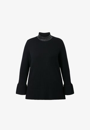 Zwarte trui met een hoge hals, versierde kraag met zilveren kralen en klokvormige mouwen. Gemaakt van gebreid materiaal.