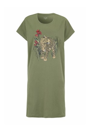 Olivgrünes Kurzarmkleid mit einer Grafik eines Leoparden, der zwischen roten Blumen und grünen Blättern auf der Vorderseite steht.