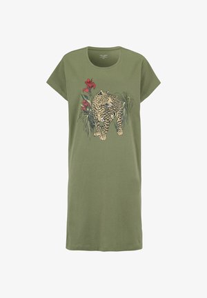 Oliivinvihreä lyhythihainen mekko, jossa on kuva leopardi seisomassa punaisten kukkien ja vihreiden lehtien keskellä edessä.