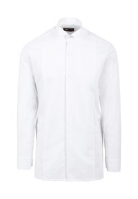 Weißes Langarmhemd aus Baumwolle mit Stehkragen, Knopfleiste und vertikalen Falten auf der Vorderseite. Glatte Textur.