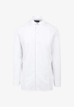 Weißes Langarmhemd aus Baumwolle mit Stehkragen, Knopfleiste und vertikalen Falten auf der Vorderseite. Glatte Textur.