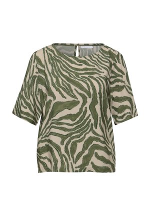 Beżowa bluzka z krótkim rękawem z zielonym, abstrakcyjnym wzorem przypominającym zebry oraz małym rozcięciem z guzikiem z tyłu przy kołnierzu.