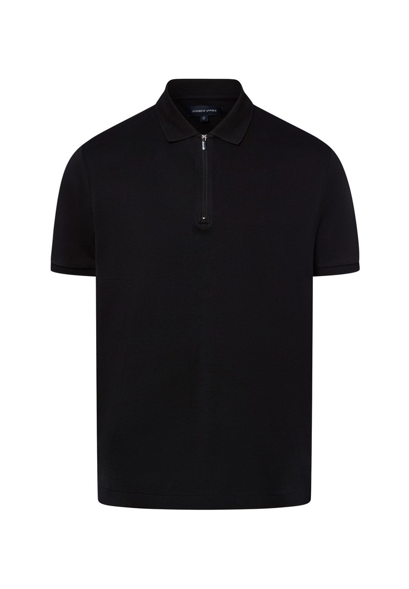 Schwarzes Polo-Shirt mit kurzen Ärmeln und Reißverschluss-Kragen, das eine glatte Textur und dezente Verzierungen entlang der Ärmel und des Kragens aufweist.