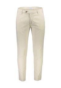 Beżowe spodnie slim fit z szlufkami na pasek, z przodem na guzik i suwak, wykonane z lekkiego materiału.