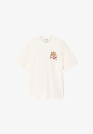 T-shirt blanc à manches courtes avec un motif de cœur floral coloré et le texte "AllSaints" sur la poitrine à gauche.
