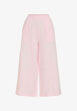 Pantalon court taille haute, jambes larges, de couleur rose doux avec des plis devant et une ceinture élastique.