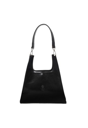 Sac à bandoulière en cuir noir avec une texture lisse, de forme rectangulaire et une large poignée, arborant un détail de logo subtil à l'avant.