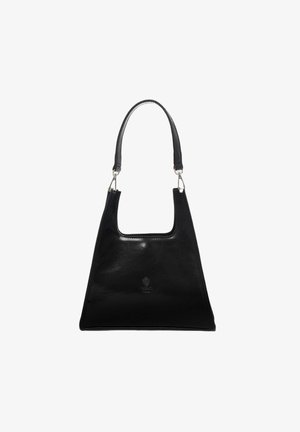 Schwarze Leder-Schultertasche mit glatter Textur, rechteckiger Form und breitem Träger, versehen mit einem dezenten Logo-Detail auf der Vorderseite.