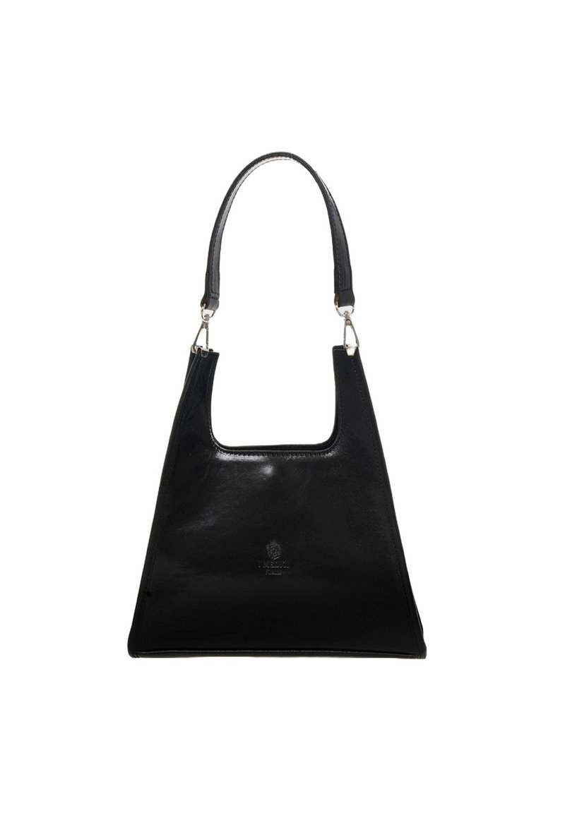 Zwarte leren schoudertas met een gladde textuur, rechthoekige vorm en een brede handgreep, met een subtiel logo detail aan de voorkant.