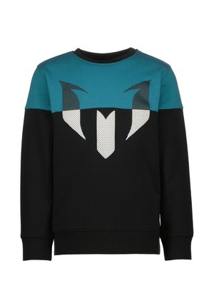 Sweat-shirt à manches longues col rond noir et sarcelle avec un motif géométrique abstrait blanc et noir sur la poitrine.