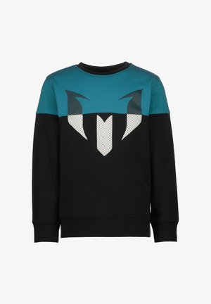 Sweat-shirt à manches longues col rond noir et sarcelle avec un motif géométrique abstrait blanc et noir sur la poitrine.