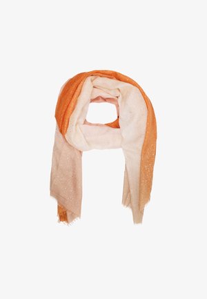 Sciarpa leggera a gradient che presenta tonalità di arancione fino a pesca chiaro, con sottili accenti glitterati e bordi frangiati. Texture morbida e drappeggiata.