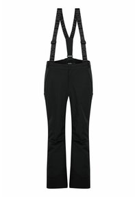 Pantalon imperméable noir avec bretelles noires réglables portant le texte de la marque NORTH. Comprend deux poches latérales et une coupe fuselée aux chevilles.