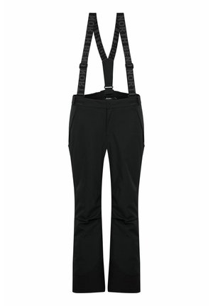 Pantalones impermeables negros con tirantes ajustables negros que presentan el texto de la marca NORTH. Incluye dos bolsillos laterales y un ajuste ceñido en los tobillos.