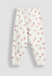 Witte katoenen slaapbroek met een roze en paarse feeënprint, voorzien van een elastische tailleband en geribbelde manchetten.