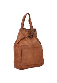 Borsa in pelle marrone con forma strutturata, dotata di una tasca frontale, doppio manico e chiusura con zip. Superficie texture con dettagli in metallo.