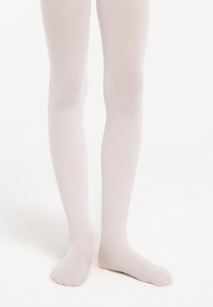Collant bianchi opachi con una texture liscia, che coprono le gambe dalle dita dei piedi fino alla vita. Presentano un design senza cuciture e una vestibilità aderente attorno alle caviglie.