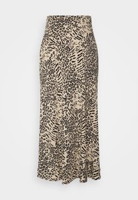 Falda beige hasta la rodilla con un diseño fluido, que presenta un patrón de estampado animal negro y una banda de cintura alta. Tejido suave y elástico.