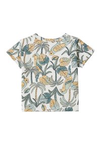 Koszulka z krótkim rękawem w jasnym kolorze kremowym z tropikalnym nadrukiem niebieskich i żółtych ptaków oraz liści, wykonana z miękkiej bawełny.