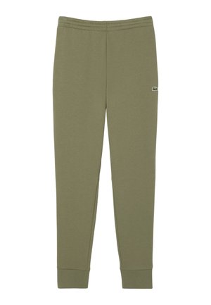 Pantalones de chándal verde oliva en mezcla de algodón, con cinturilla elástica, puños acanalados y un pequeño logo bordado en el muslo.