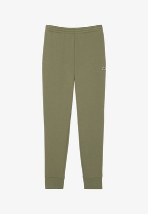 Pantalones de chándal verde oliva en mezcla de algodón, con cinturilla elástica, puños acanalados y un pequeño logo bordado en el muslo.